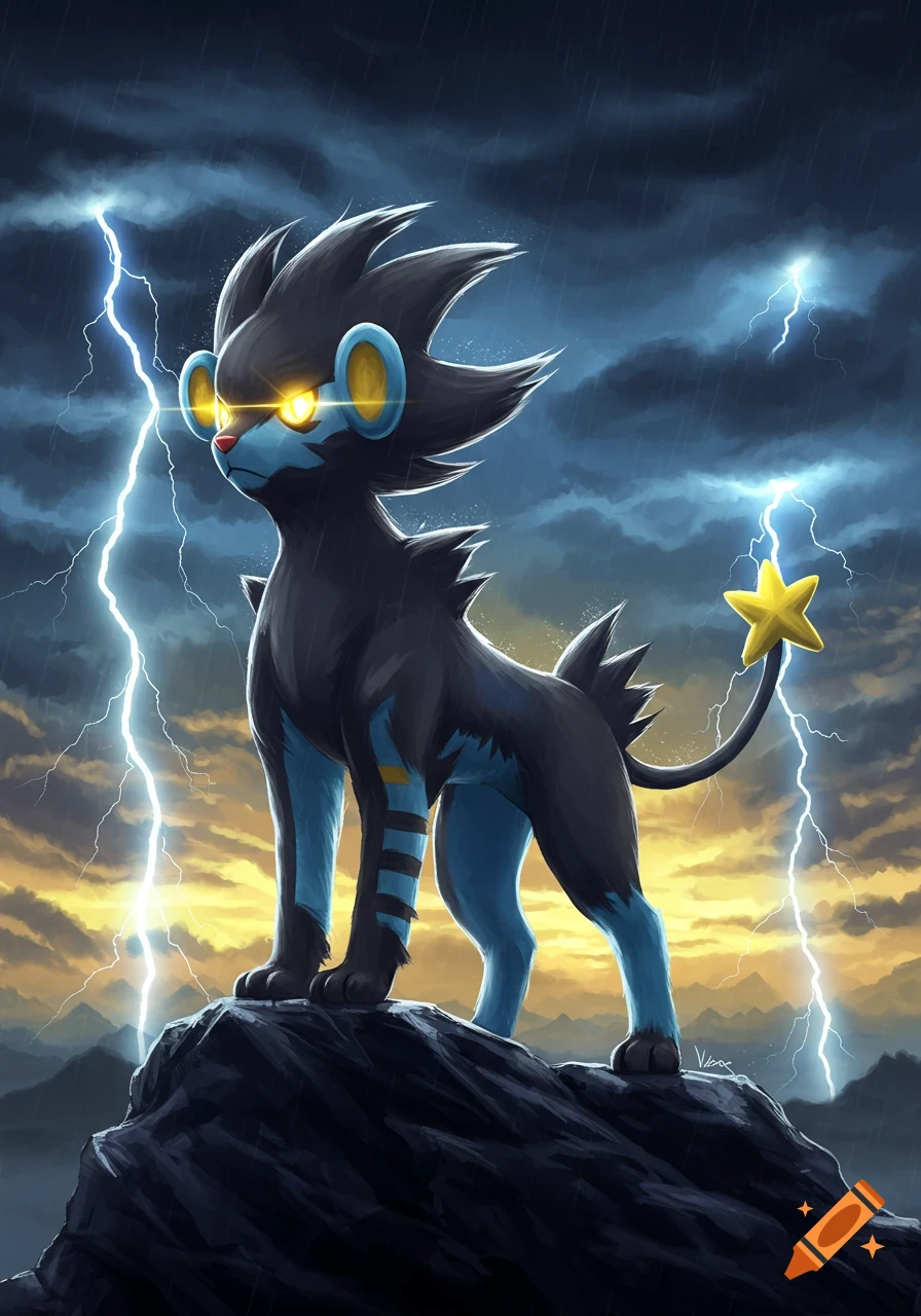 A powerful Luxray Pokemon with glowing yellow eyes stands on a rocky peak amidst a dramatic lightning storm and dark clouds.
