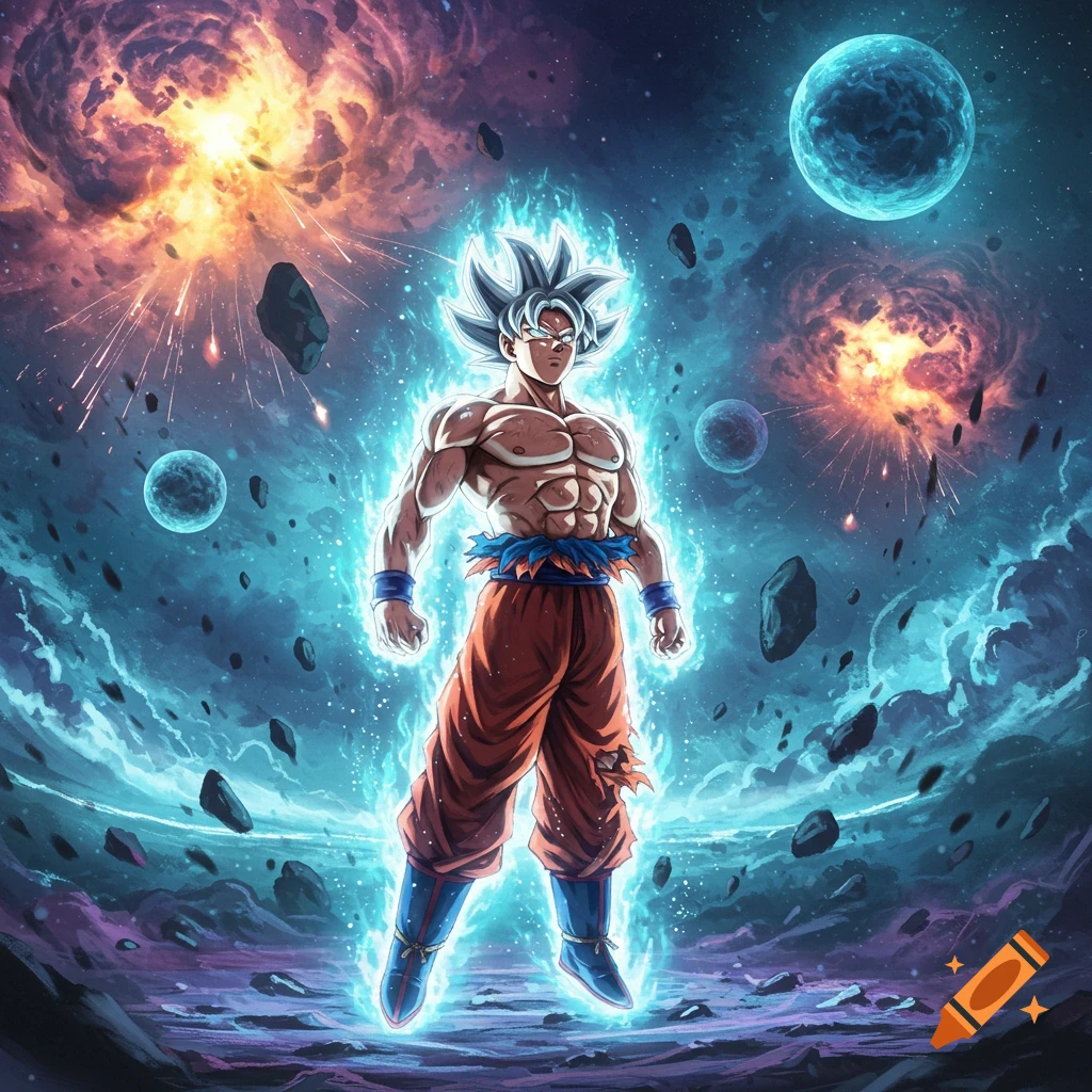 Goku in Ultra Instinct form surrounded by a blue aura against a cosmic background with explosions and planets.