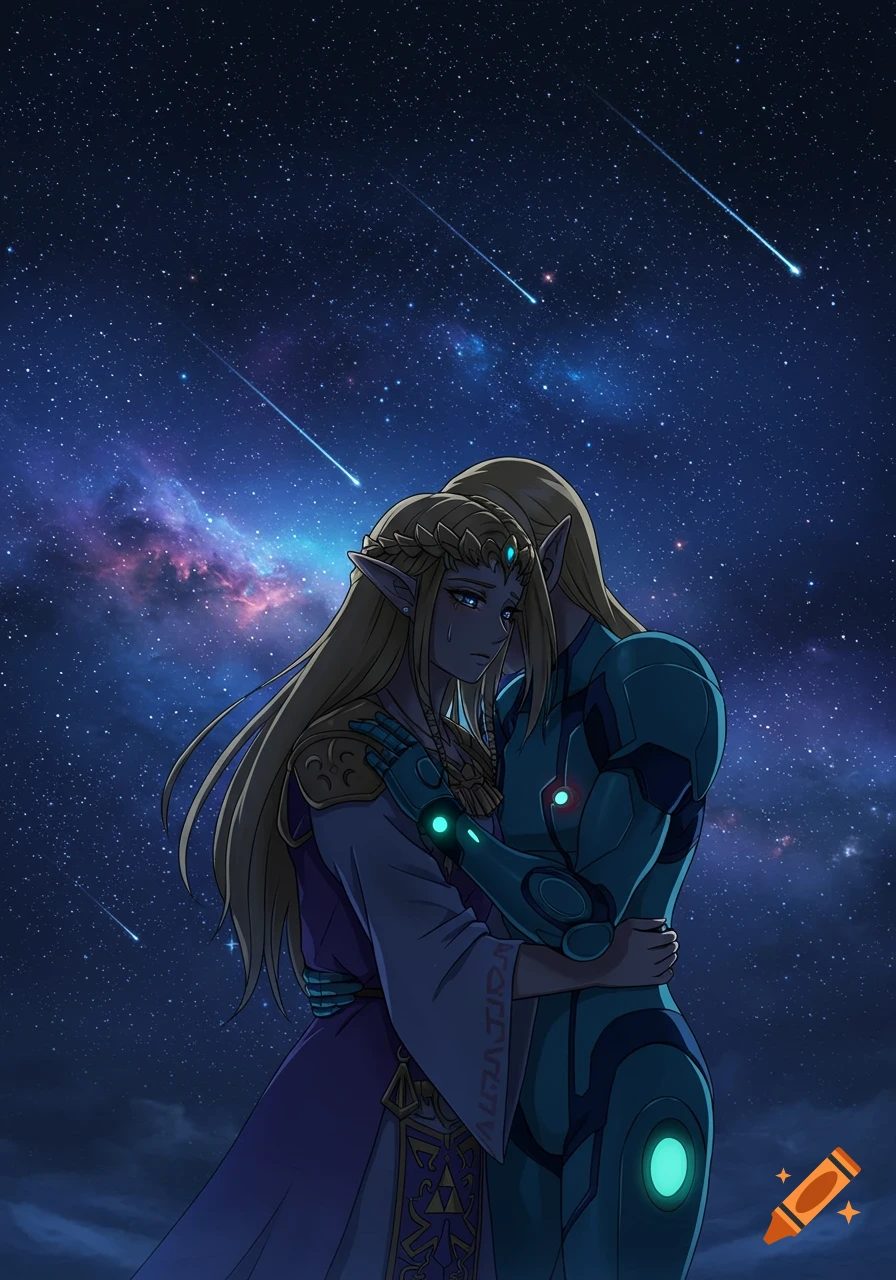 Anime drawing of Princess Zelda and Samus Aran embracing tenderly under a dark starry sky with shooting stars.
