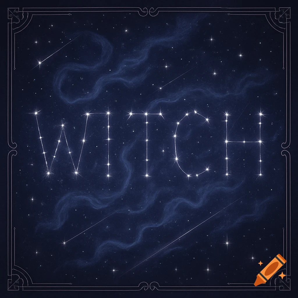 A star map showing the word 'WITCH' formed by constellations in a dark night sky with shooting stars and nebulae, framed by a decorative border.