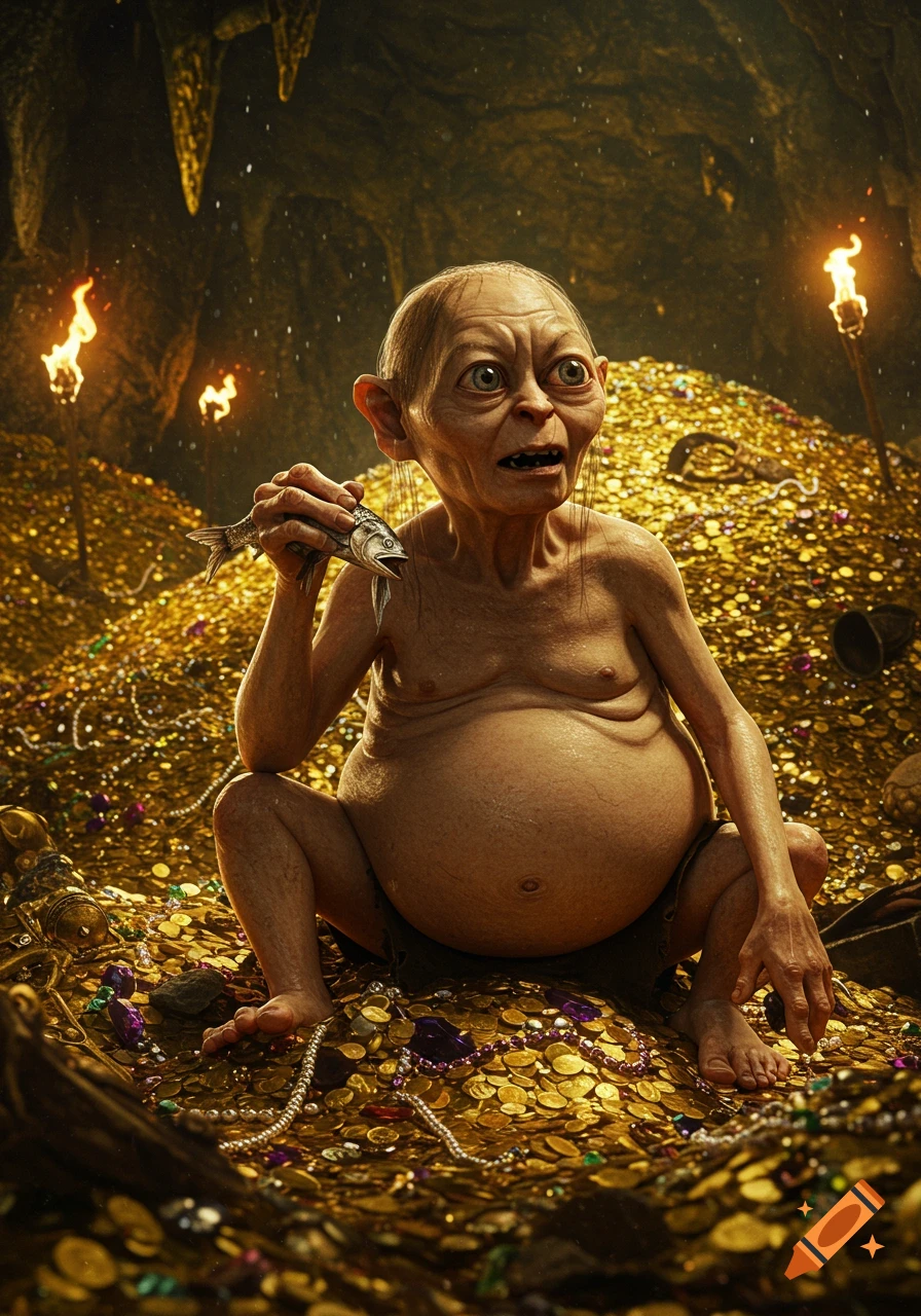 A photorealistic depiction of a very fat Gollum from Lord of the Rings, sitting on a huge pile of gold coins and jewels in a dark cave, holding and looking at a fish.