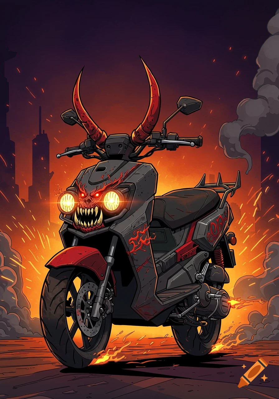Comic art of a demonic scooter with red horns, glowing eyes, and sharp teeth, amidst fire and smoke in an apocalyptic city.