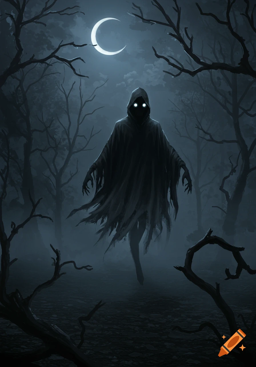 A shadowy, hooded ghost with glowing eyes floats in a dark, misty forest under a crescent moon, surrounded by bare trees.