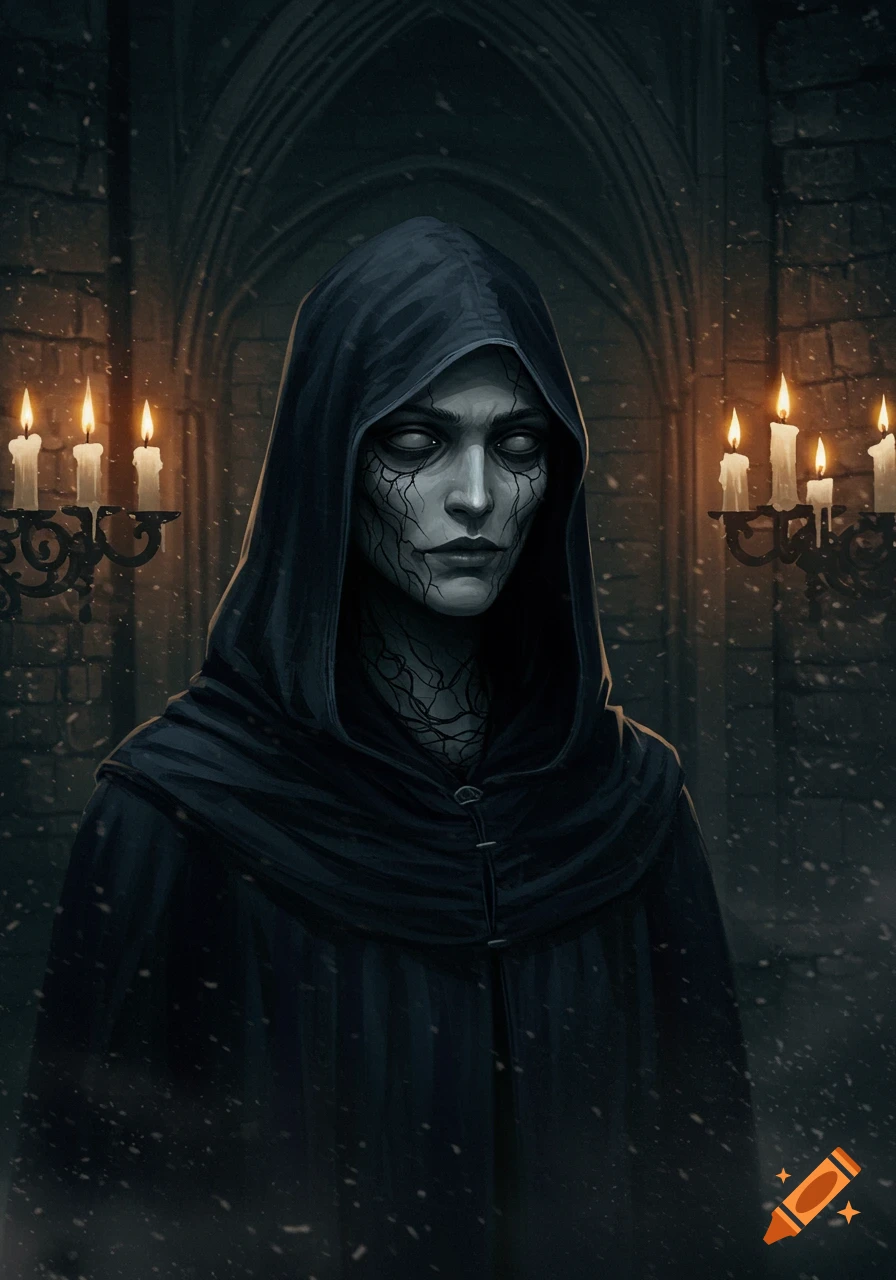 A dark, hooded figure with black veins on their pale face stands in a gothic cathedral illuminated by candles.