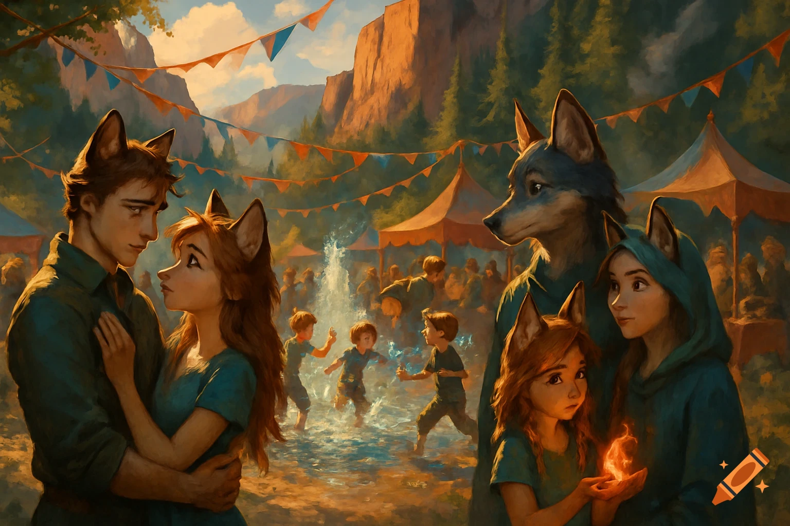 A fantasy painting of fox-eared humanoids at a vibrant outdoor festival, with a couple embracing and children splashing in a fountain.