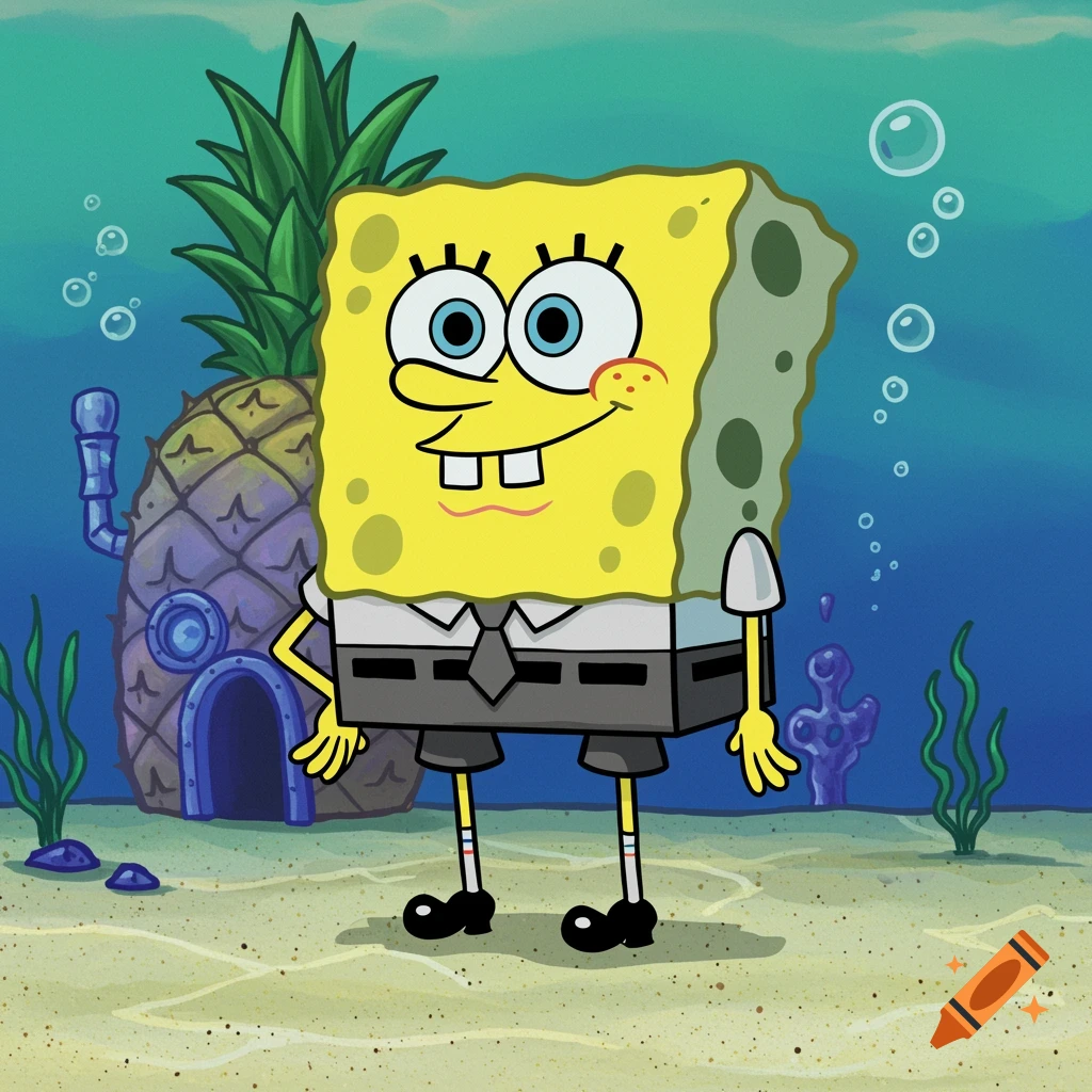 Spongebob Squarepants stands underwater in front of his pineapple house.