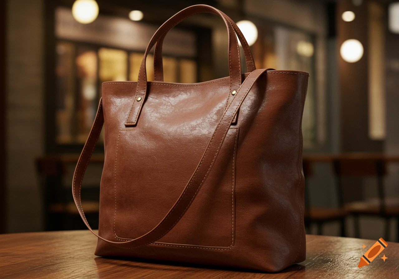 Close-up of a brown leather tote bag with shoulder straps on a wooden table, with blurred background lights.