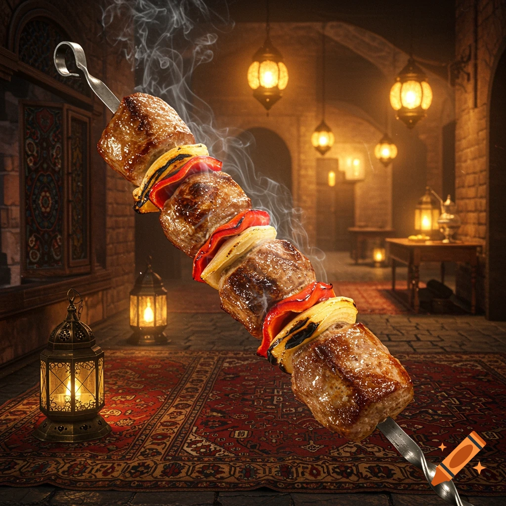 Photorealistic image of a smoking kebab with meat and vegetables on a skewer in a dimly lit Middle Eastern setting.
