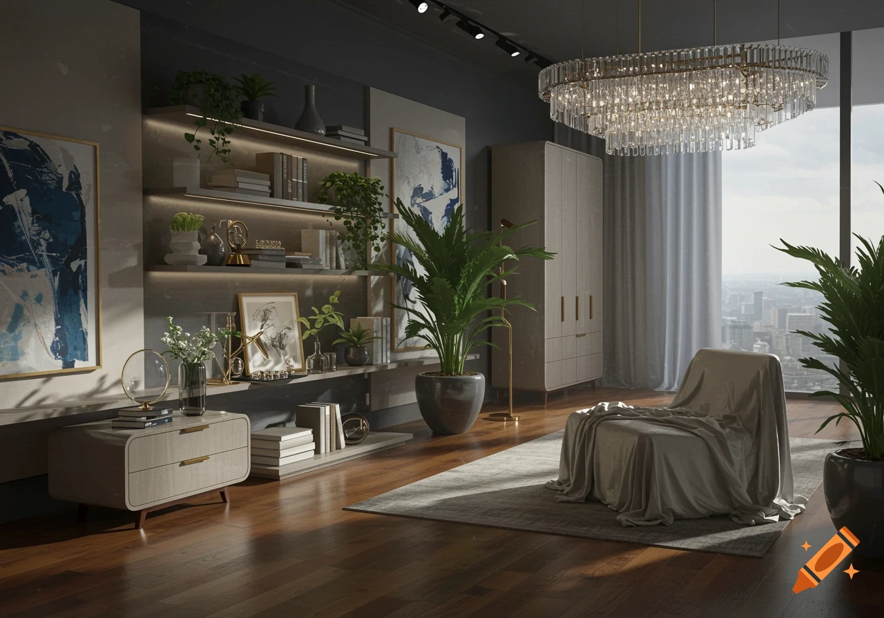 A modern, photorealistic interior with a sleek shelving unit, large potted plants, a crystal chandelier, and a draped armchair, overlooking a city skyline.