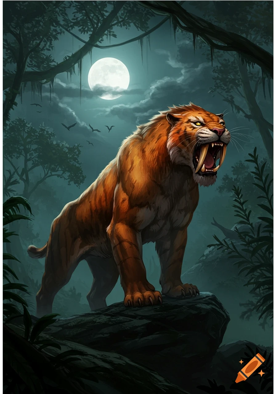 A fierce saber-toothed tiger roars on a rock in a dark jungle under a full moon, digital painting.
