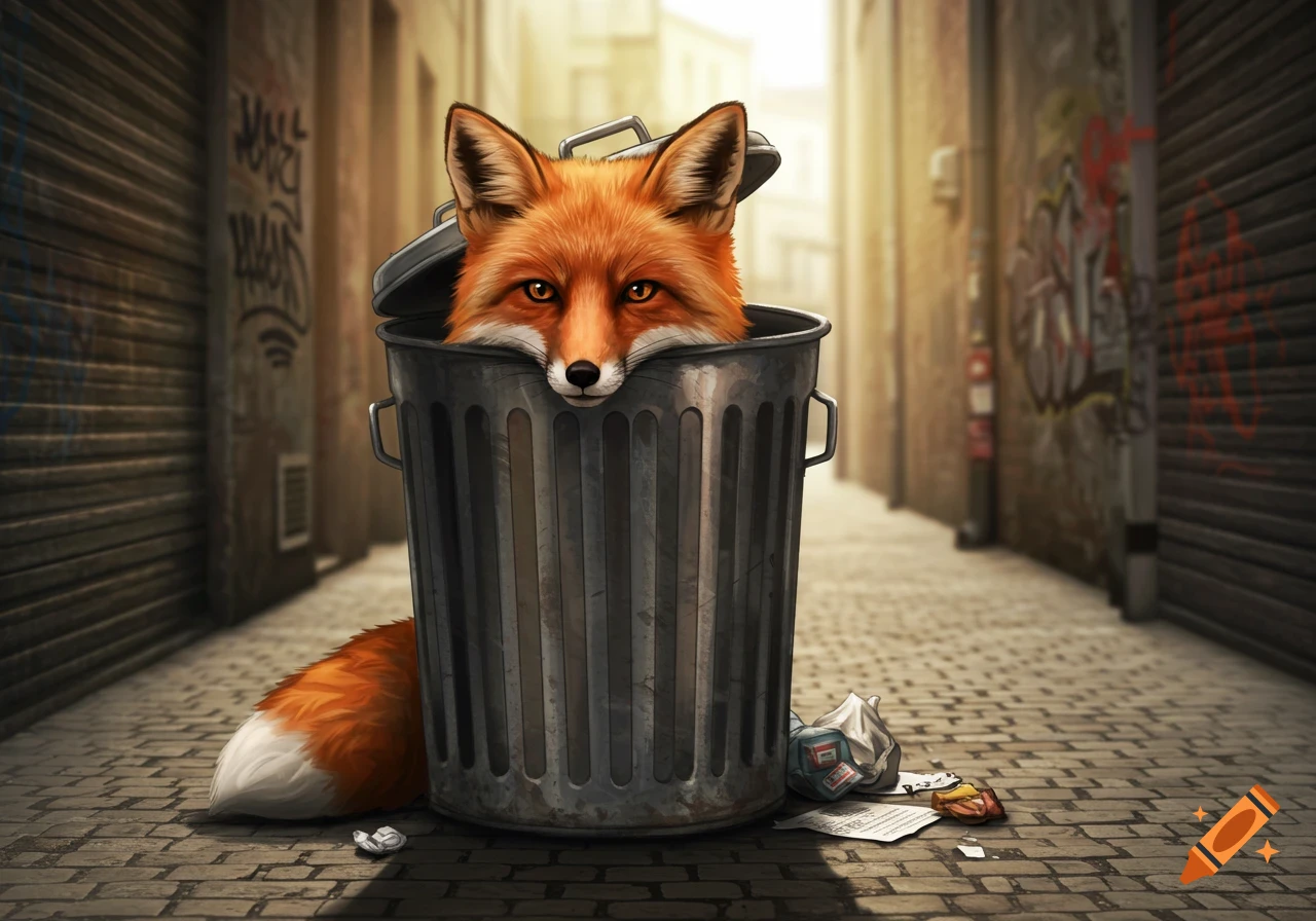 A realistic illustration of a fox peeking out of a trash can in a dirty urban alleyway.