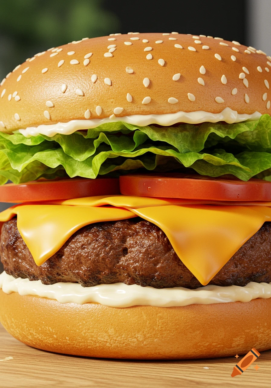 A detailed, photorealistic close-up of a hamburger with lettuce, tomato, cheese, and mayonnaise.