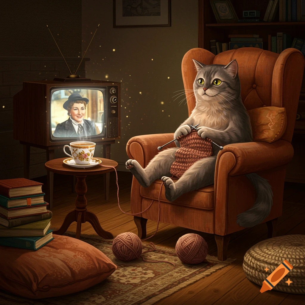 A gray cat sits in a cozy armchair knitting, watching a vintage TV, with a cup of tea, books, and yarn nearby.