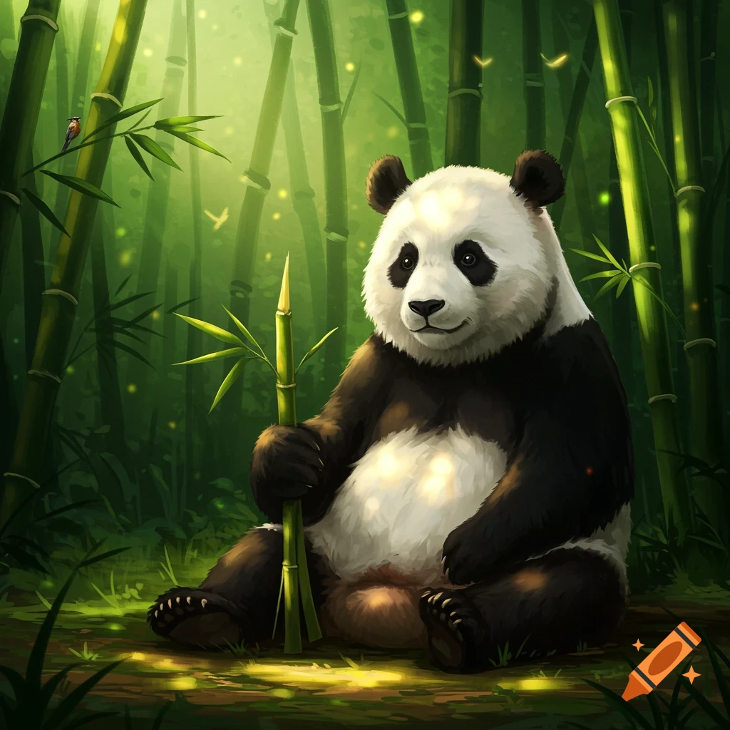 A happy panda sits in a bright, ethereal bamboo forest, holding a bamboo shoot in its paw. Artistic illustration style.