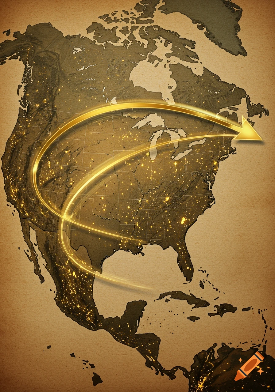 Stylized map of North America with glowing city lights and a golden arrow moving across it.