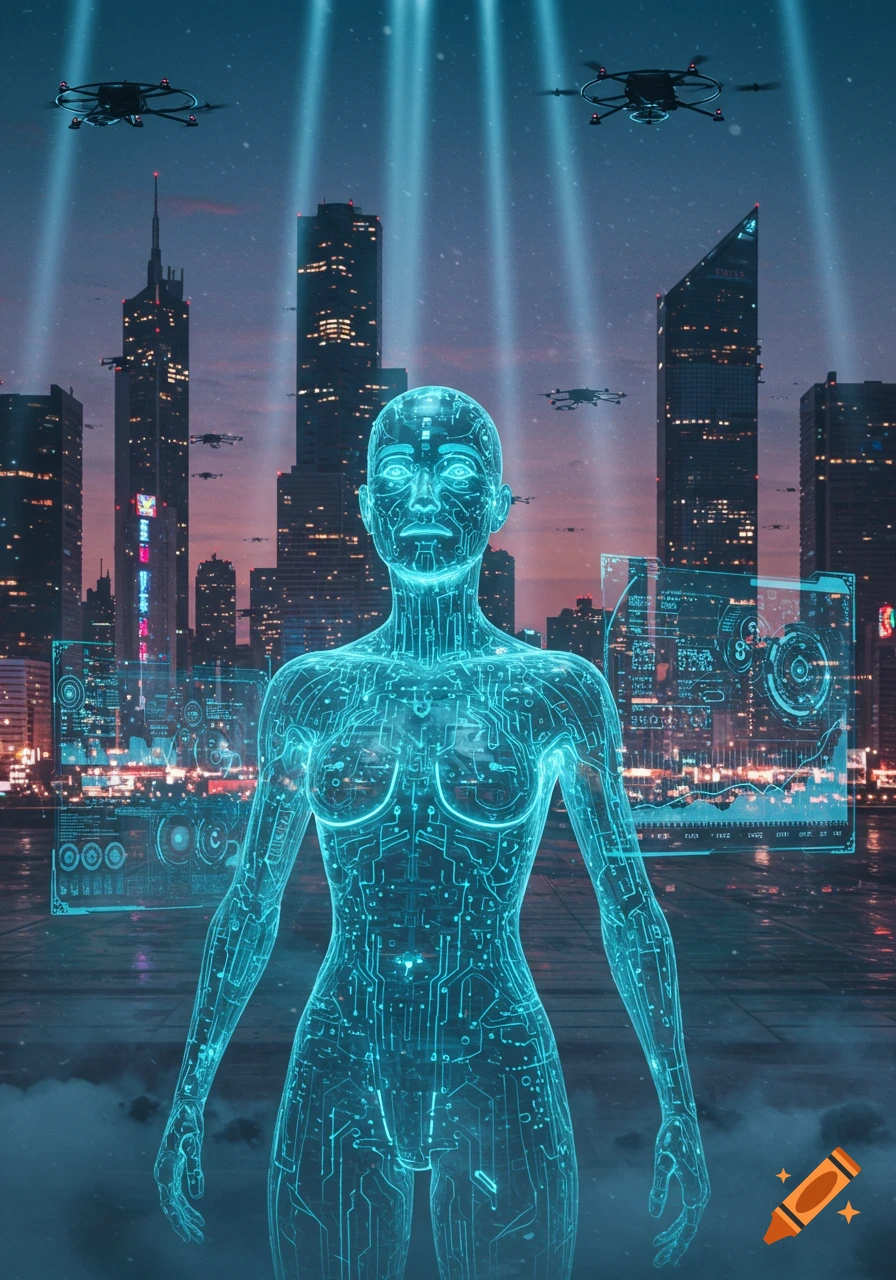 Glowing circuit-board-like AI figure stands in a futuristic city at dusk with drones and holographic displays.