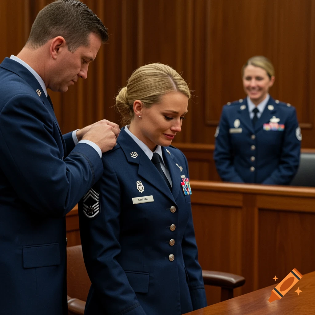 A male Air Force officer adjusts the uniform of a female Air Force officer, while another female officer smiles in the background in a courtroom setting.
