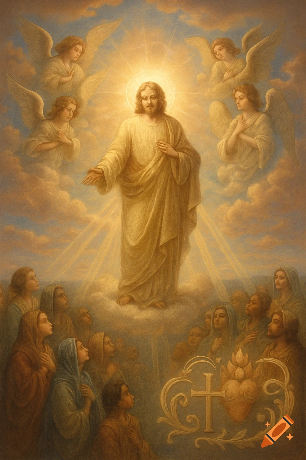 A religious painting depicting Jesus Christ in golden robes ascending on a cloud, surrounded by angels, with a crowd of people looking up from below.