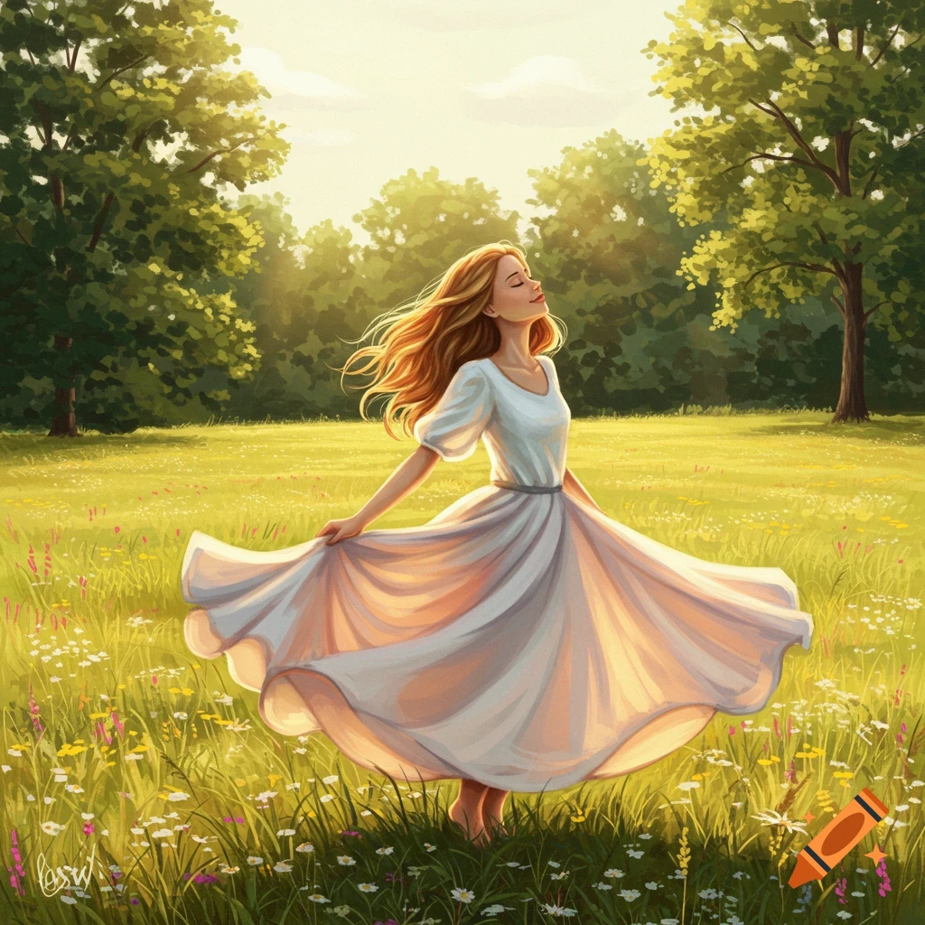 An illustrative painting of a woman in a white dress twirling in a sunny, green field with trees and wildflowers.