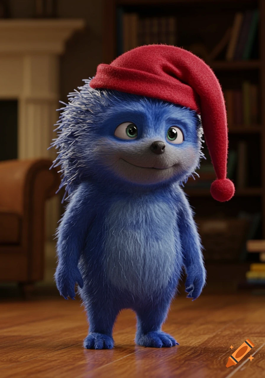 A photorealistic blue furry hedgehog character wearing a red nightcap stands smiling on a wooden floor in a room.