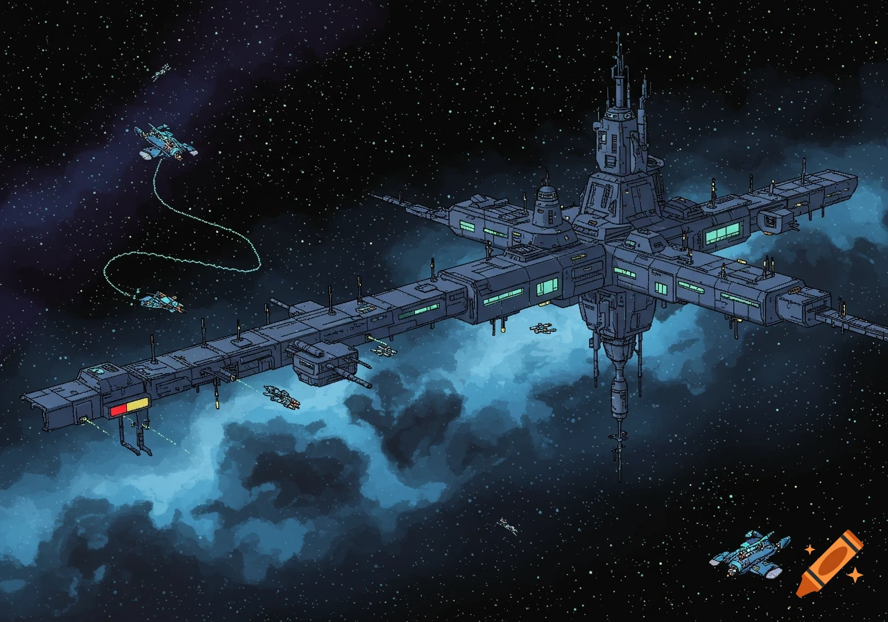 Pixel art of a large blue space station with multiple ships flying through a starfield and blue nebula.