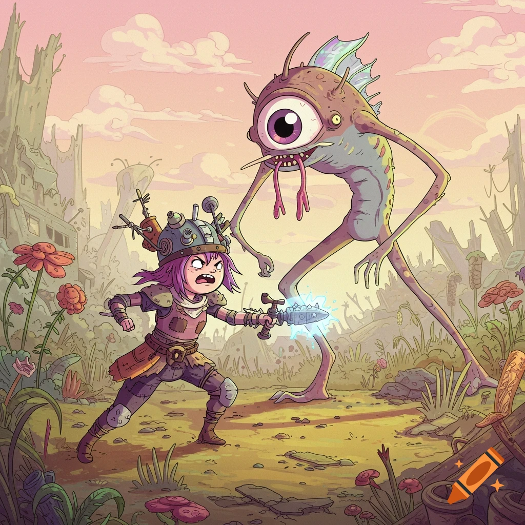 A stylized cartoon image of a purple-haired raider girl with a glowing sword battling a large one-eyed monster in a post-apocalyptic landscape.