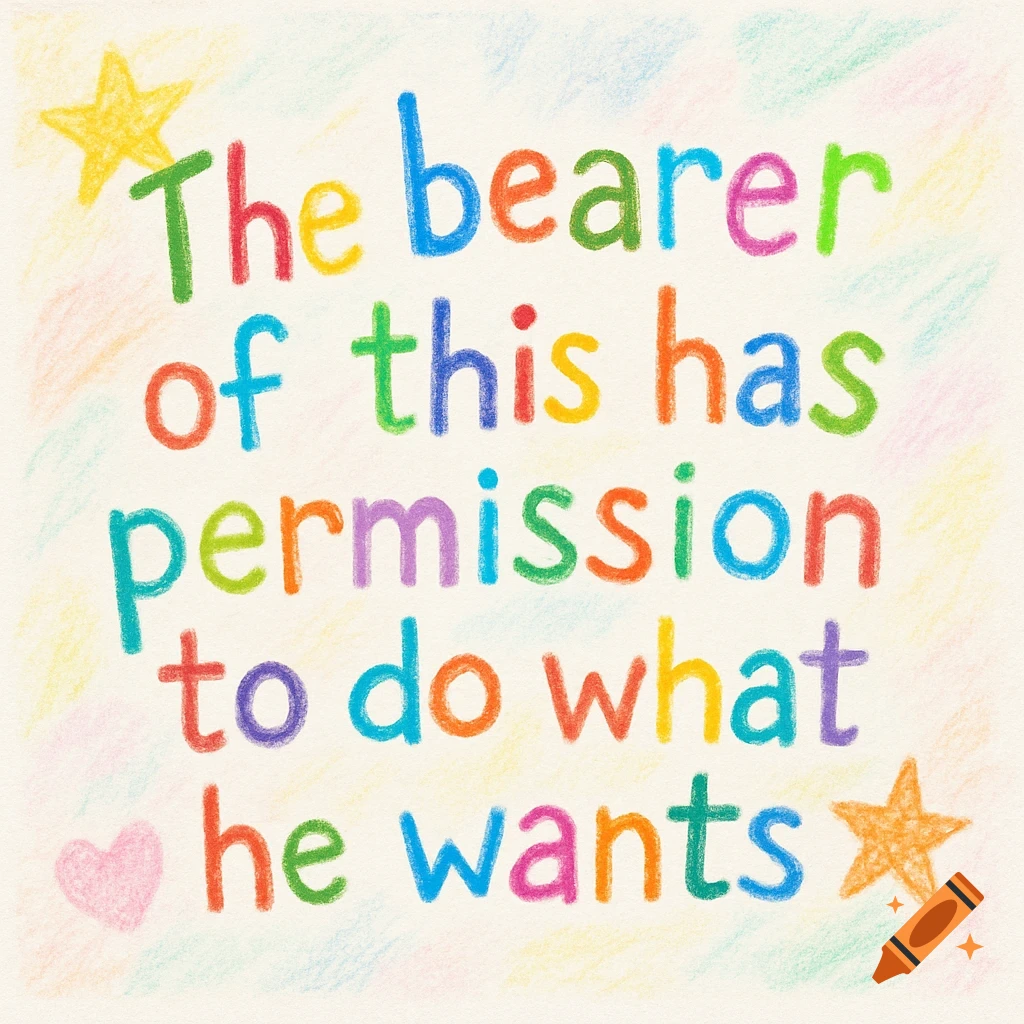 Colorful crayon text reads 'The bearer of this has permission to do what he wants' on a cream background, with stars and a heart.