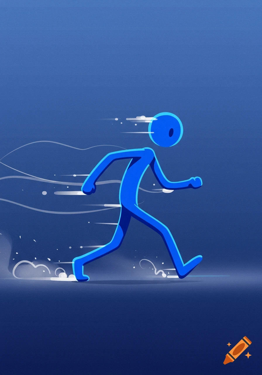 A blue stick figure runs across a blue background with speed lines and dust.