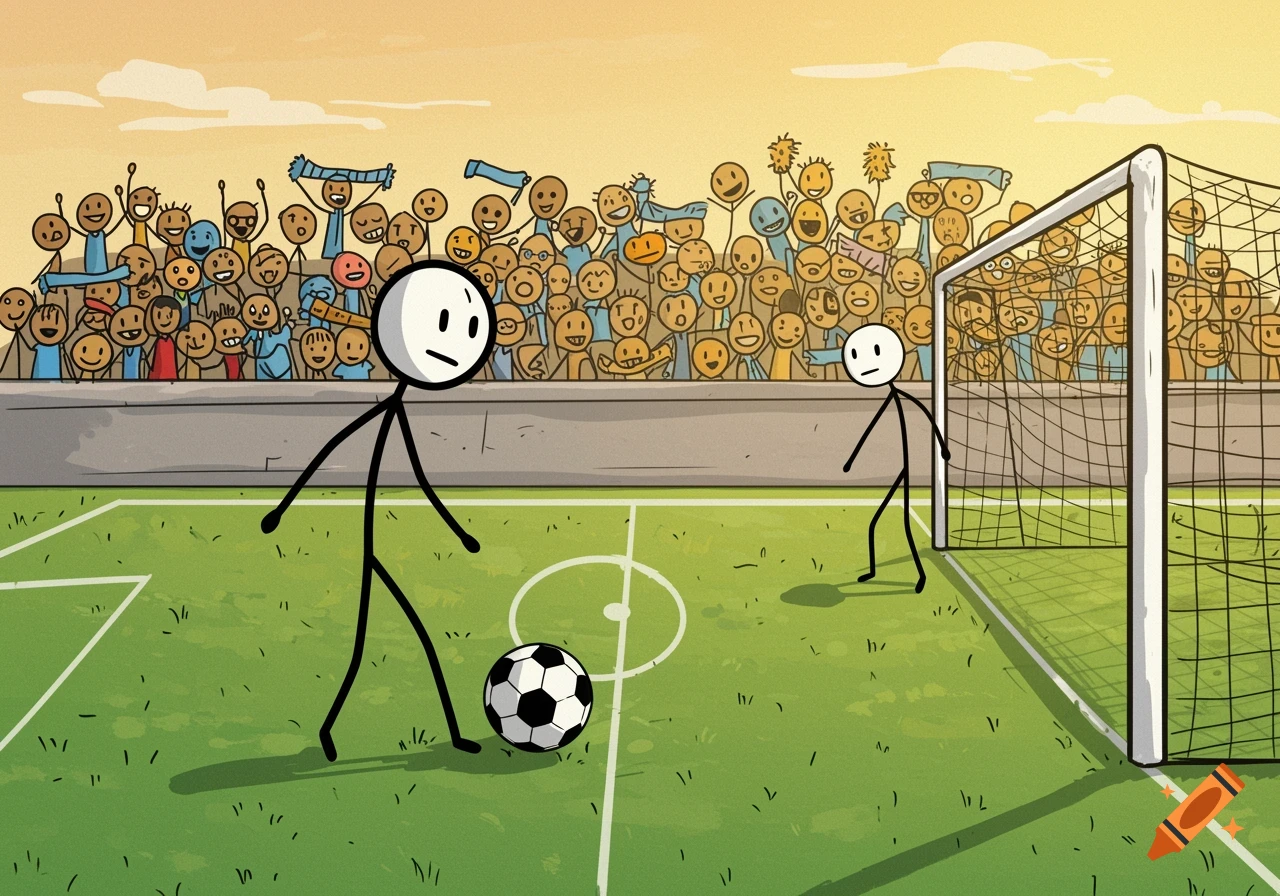 Two stick figures play soccer on a field with a goal and a cheering crowd in a 2D cartoon style.