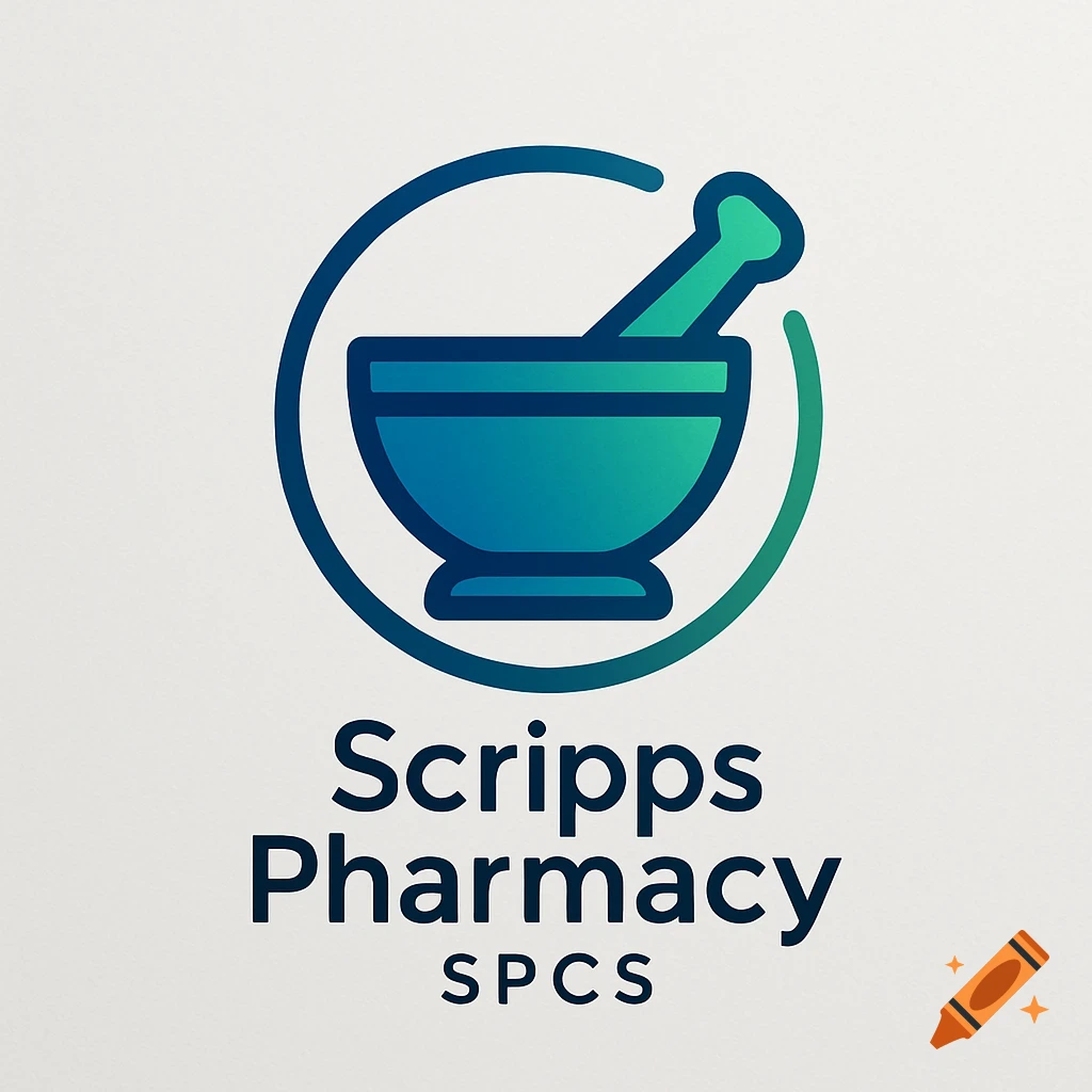 Logo for Scripps Pharmacy featuring a stylized mortar and pestle icon in green and blue, with the text 'Scripps Pharmacy SPCS' below it.