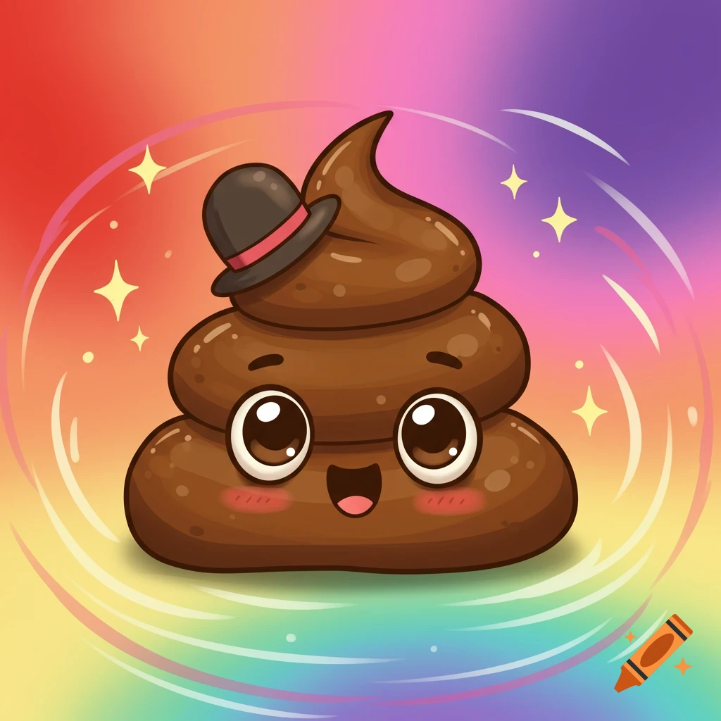 A cute cartoon poop emoji wearing a small black top hat, set against a vibrant rainbow swirl background with sparkling stars.