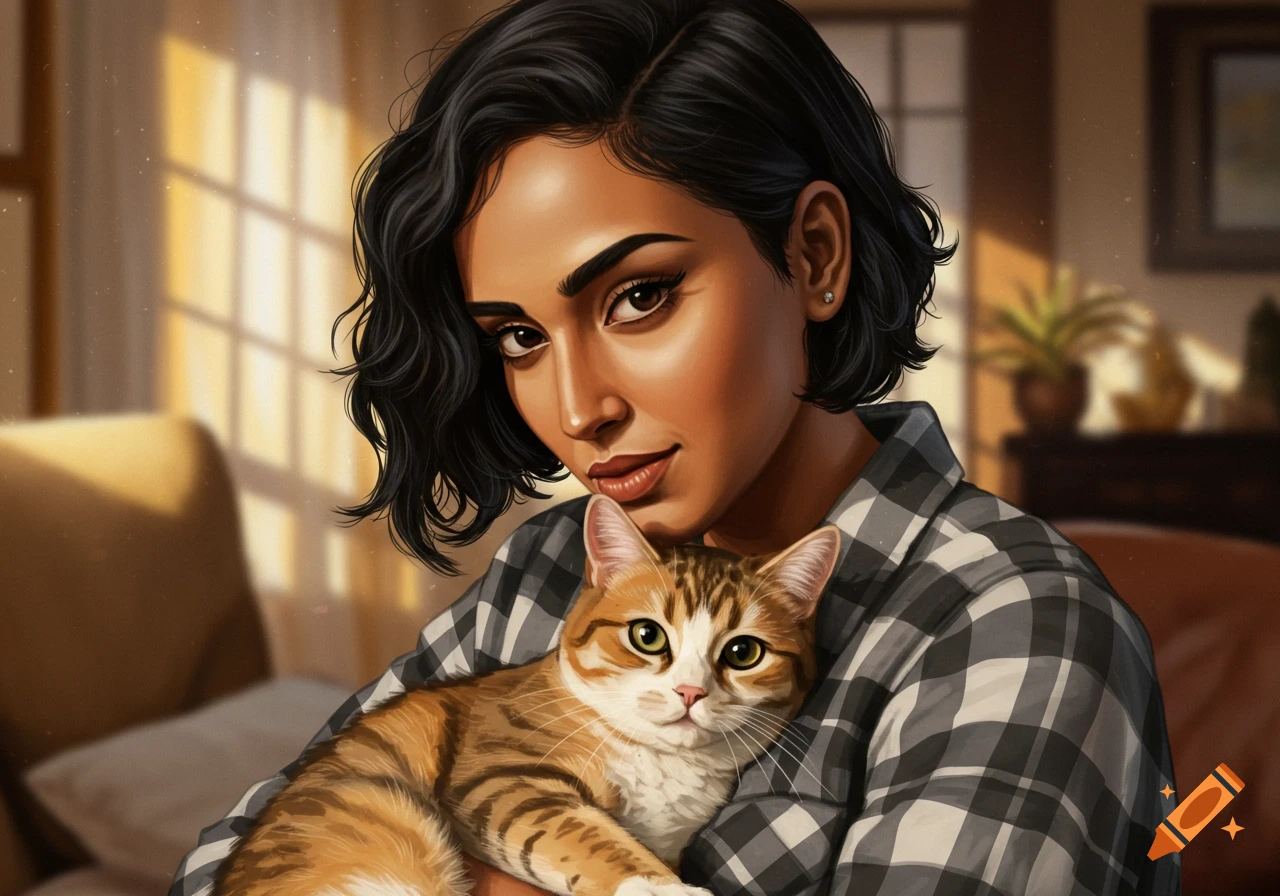 Illustration of an Indian American woman with short black hair wearing a plaid shirt, holding an orange and white tabby cat.