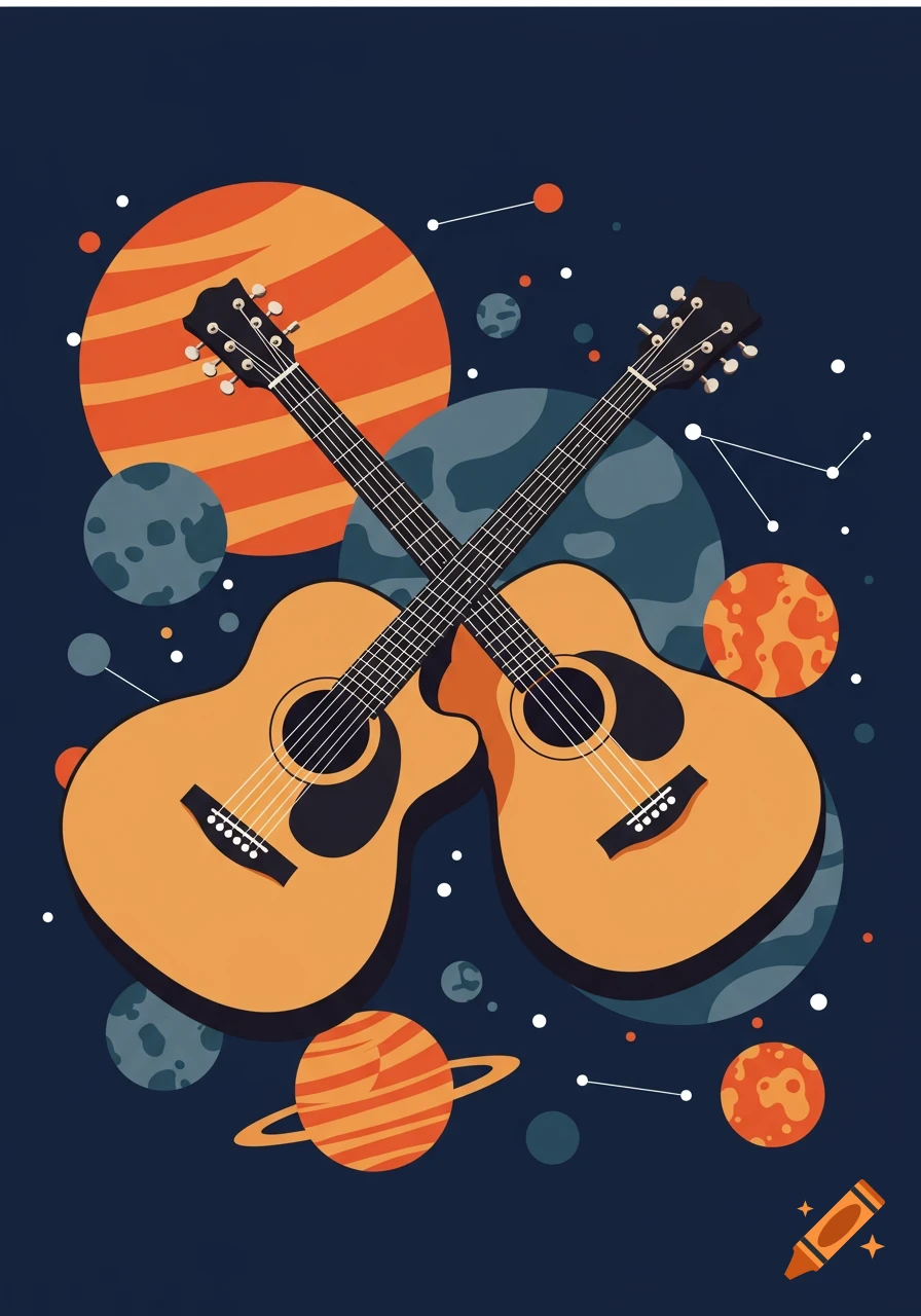 Two acoustic guitars crossed in front of various planets and stars on a dark blue background, in a stylized flat illustration.