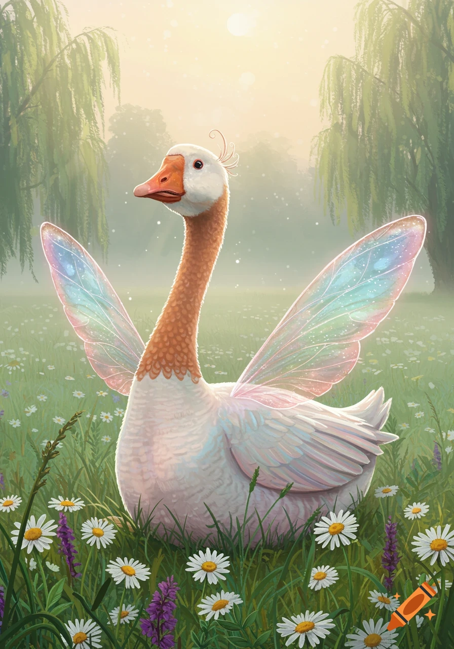 A whimsical illustration of a goose with iridescent fairy wings standing in a meadow of daisies and purple flowers with willow trees in the background.