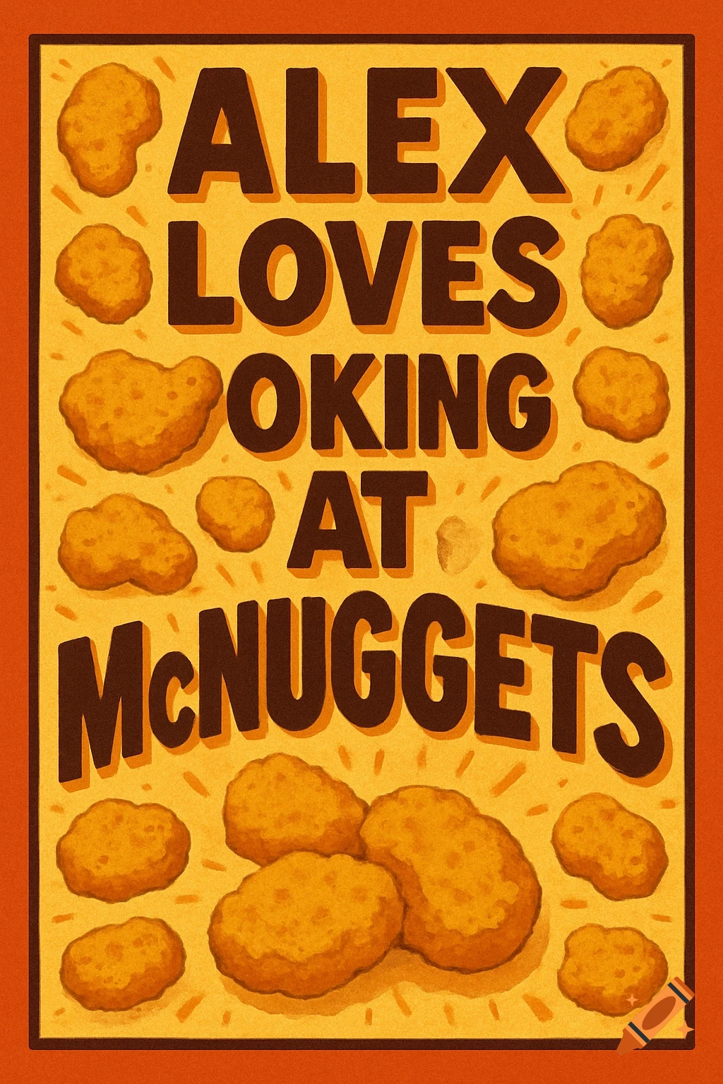 A vibrant orange and yellow poster featuring brown text 'ALEX LOVES LOOKING AT McNUGGETS' surrounded by cartoon chicken nuggets.