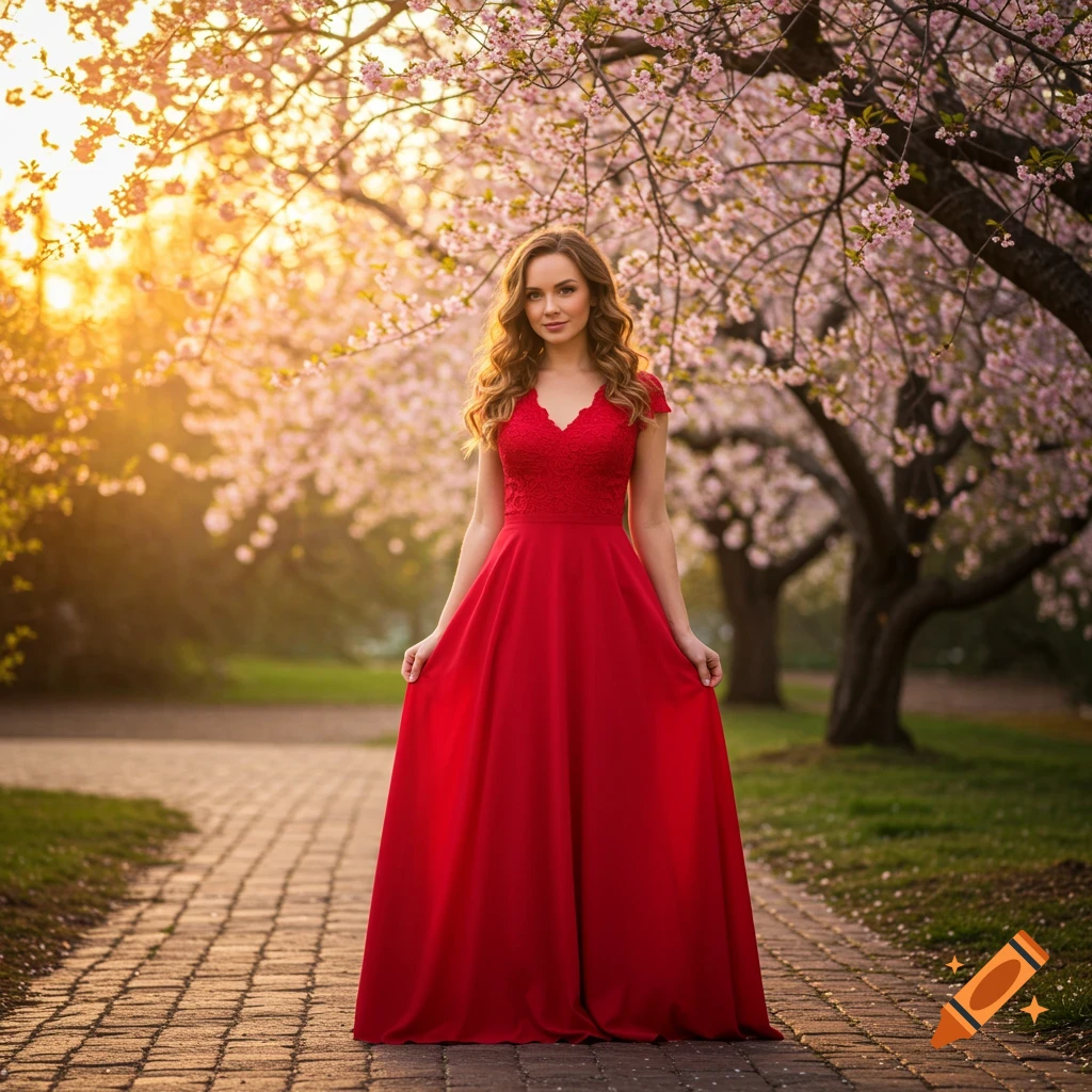 A photorealistic image of a woman in a long red dress standing on a path under blooming cherry trees during golden hour.