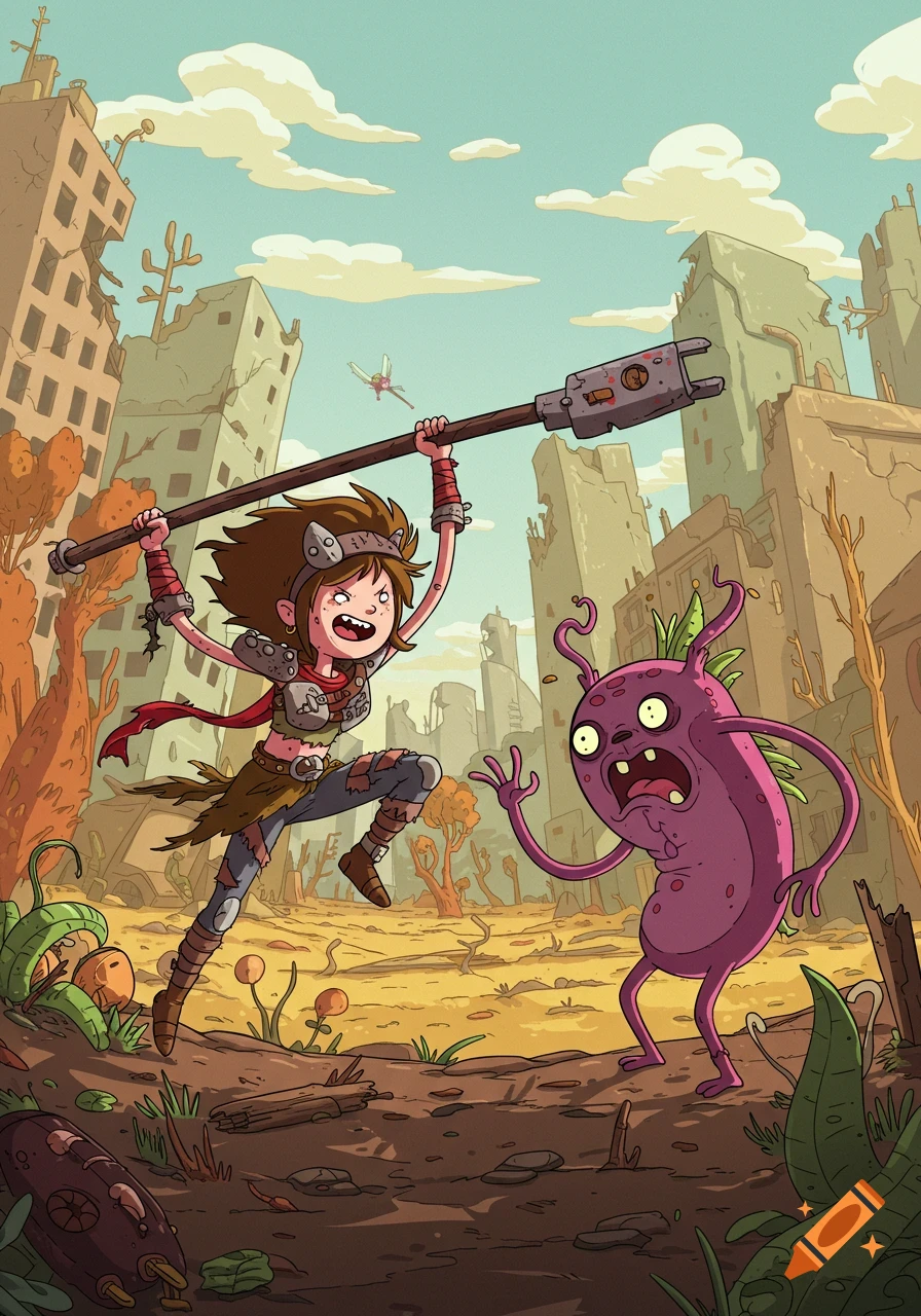 Cartoon raider girl battles a purple monster in a post-apocalyptic city in Adventure Time style.