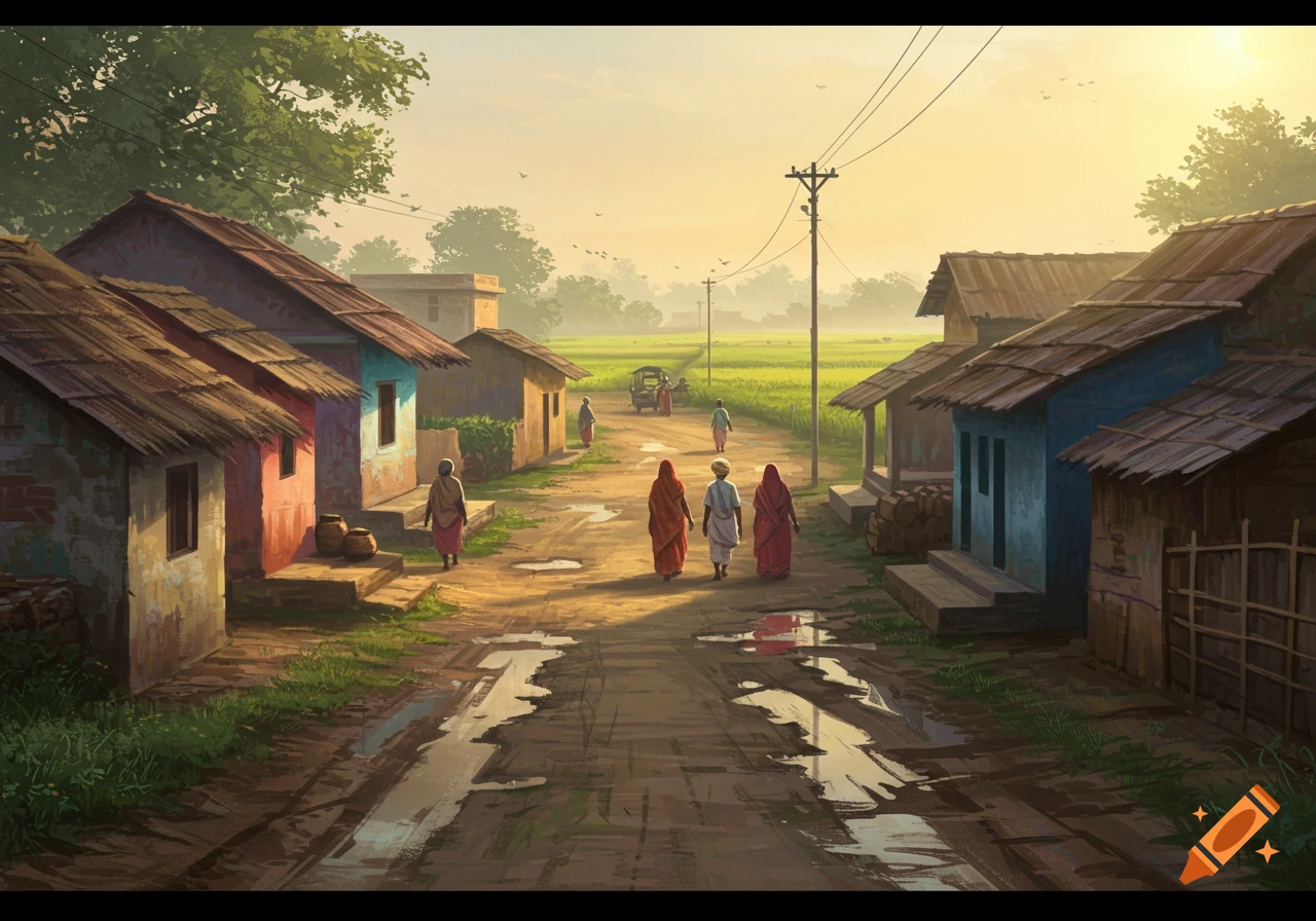 Scenic illustration of an Indian village at sunrise with people walking on a muddy road, houses, and green fields.