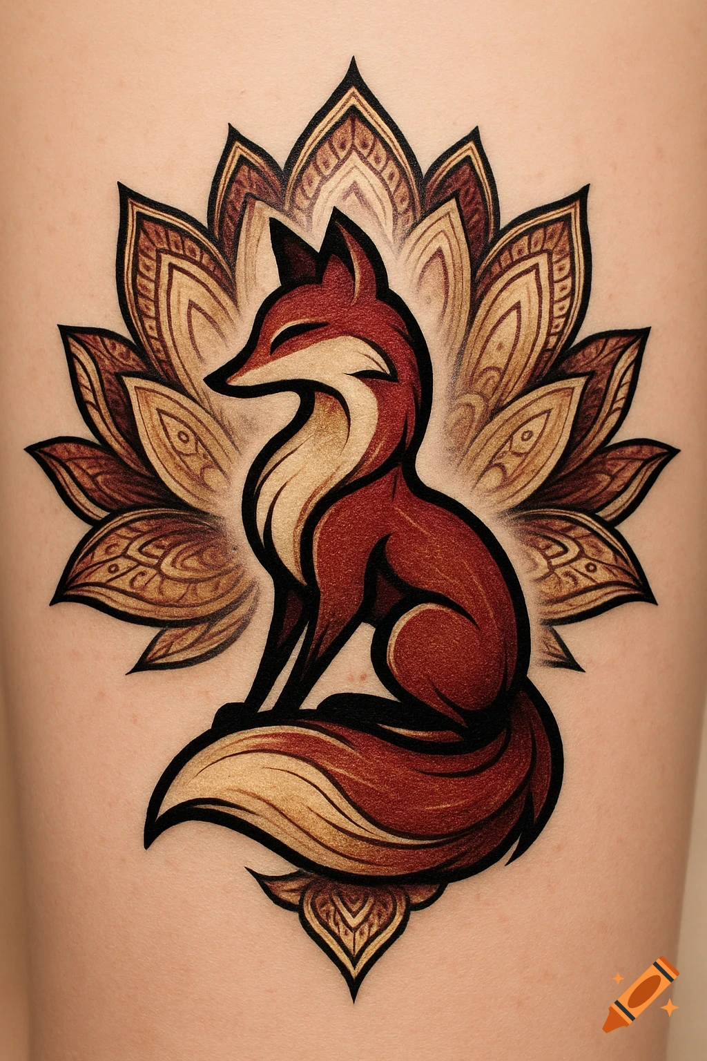 Stylized tattoo of a red and cream fox sitting, with an elaborate brown lotus flower pattern behind it on light skin.