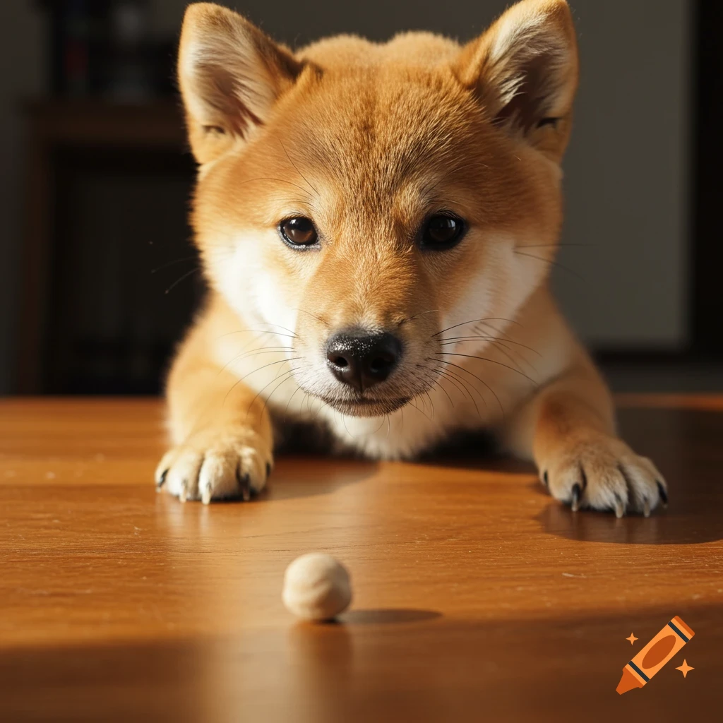 A cute Shiba Inu puppy intently looking at a small chickpea on a wooden table, shot from a low angle.