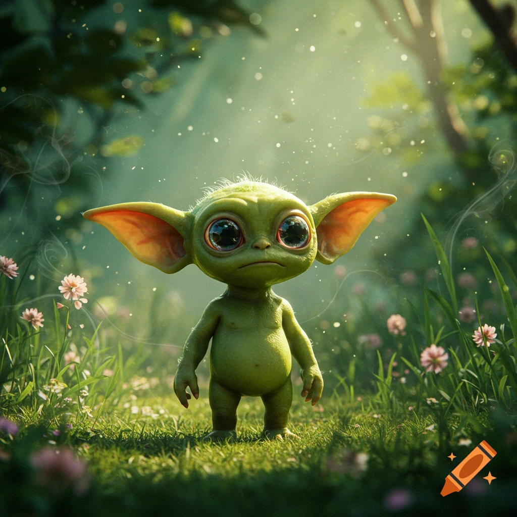 A cute little green gremlin with large black eyes stands in a lush, sunlit forest filled with small pink flowers and glowing particles.