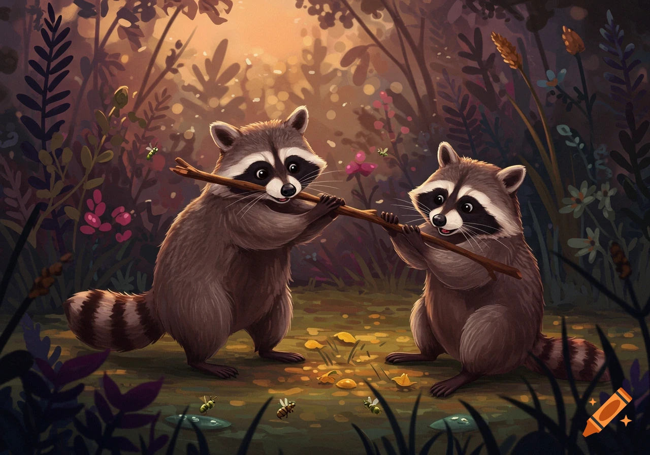 Two cartoon raccoons pulling on a stick in a forest, surrounded by plants and insects.