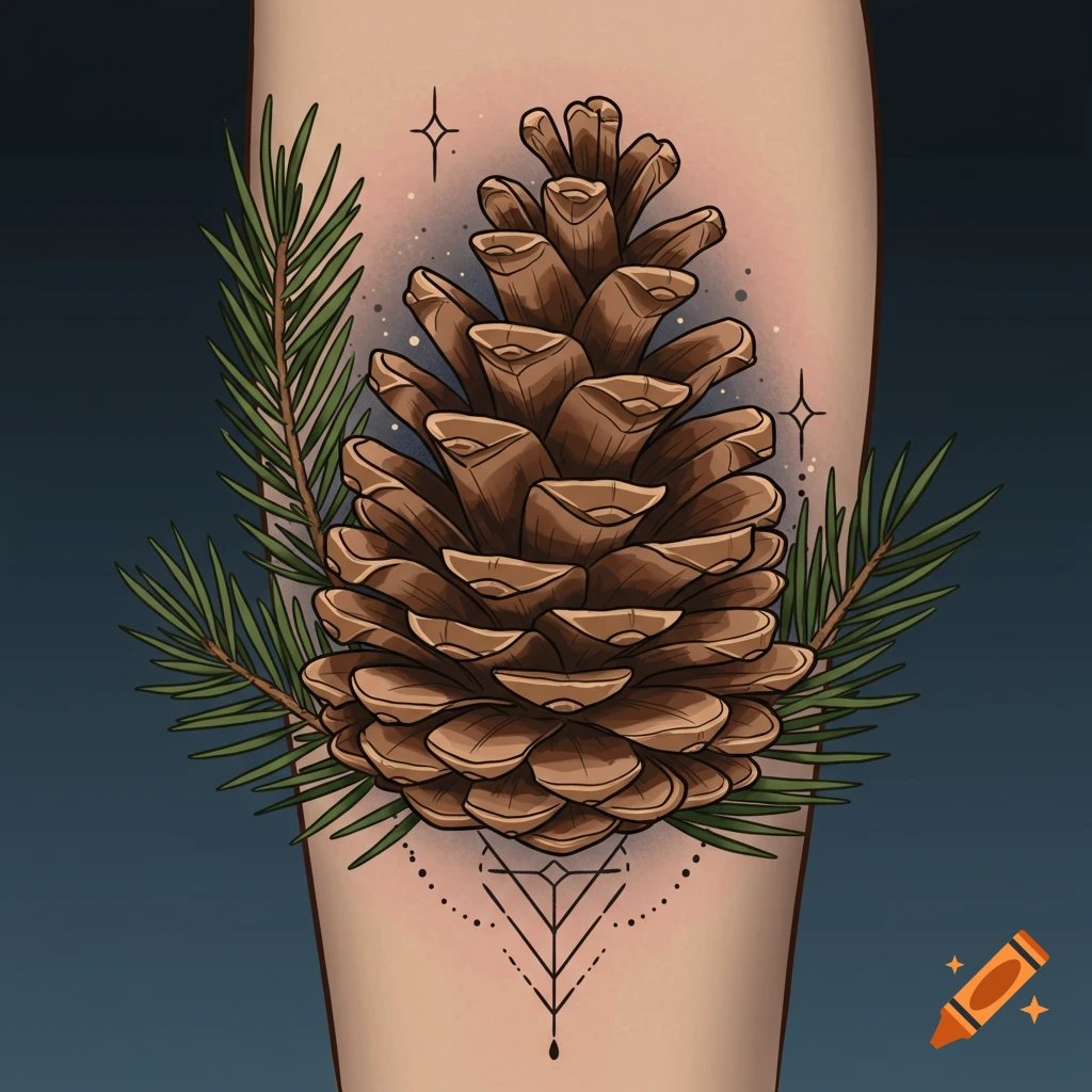 A neo-traditional pine cone tattoo with pine needles and geometric details on a limb.