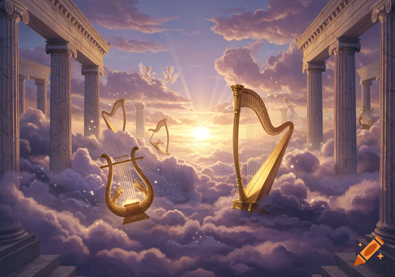 Golden harps float among clouds and ancient pillars at sunset, with angelic figures, in a fantastical, ethereal style.