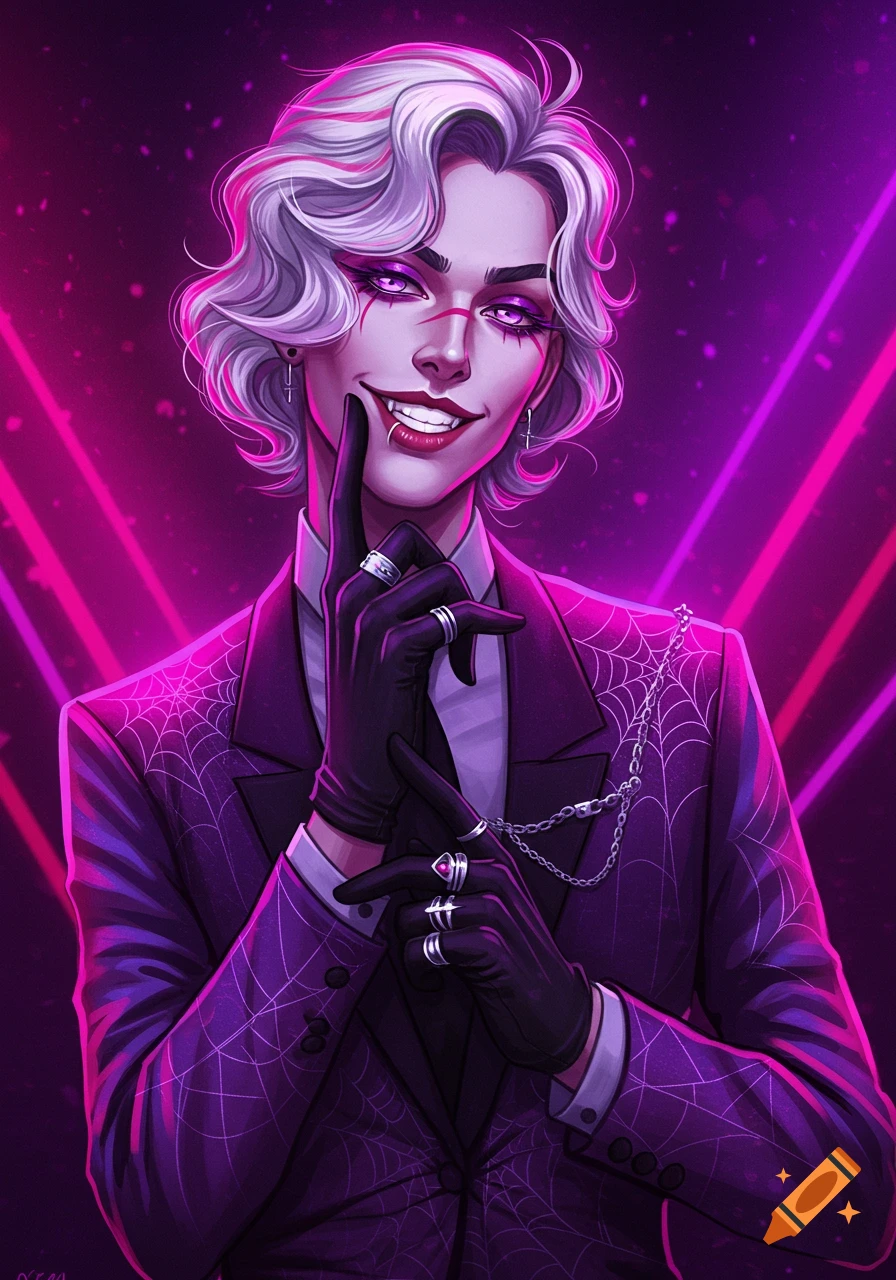 A stylish person with silver-white hair, violet eyes, and a mischievous smile, wearing a purple suit with spider web patterns and black gloves, against a neon pink and purple background.