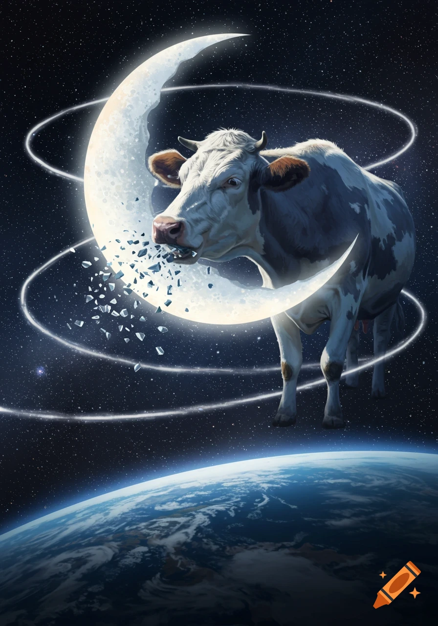 A cow in space bites into a crescent moon, shattering it, with the Earth visible below.