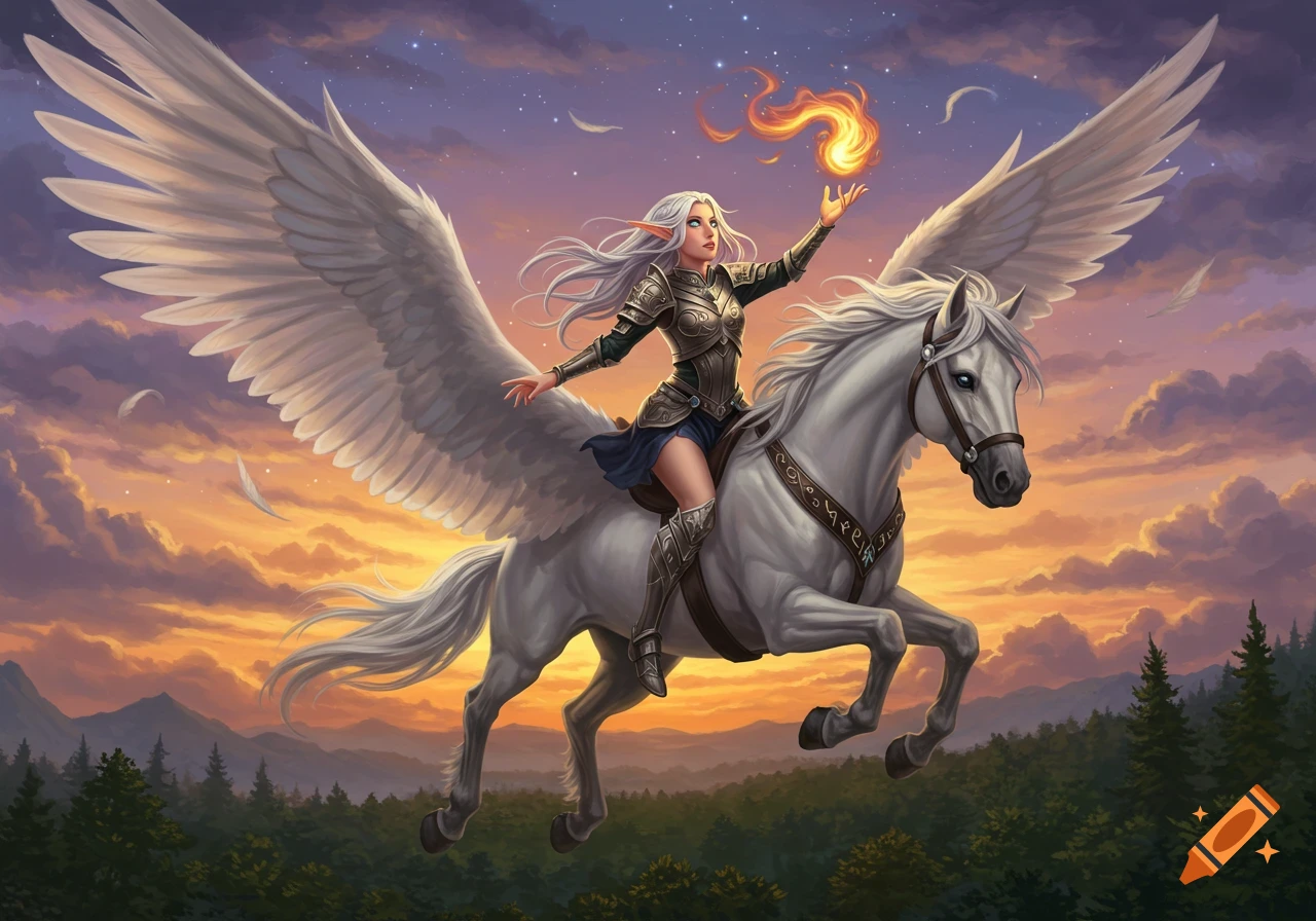 A white-haired elf knight in armor rides a white winged Pegasus, casting a fireball against a vibrant sunset sky.