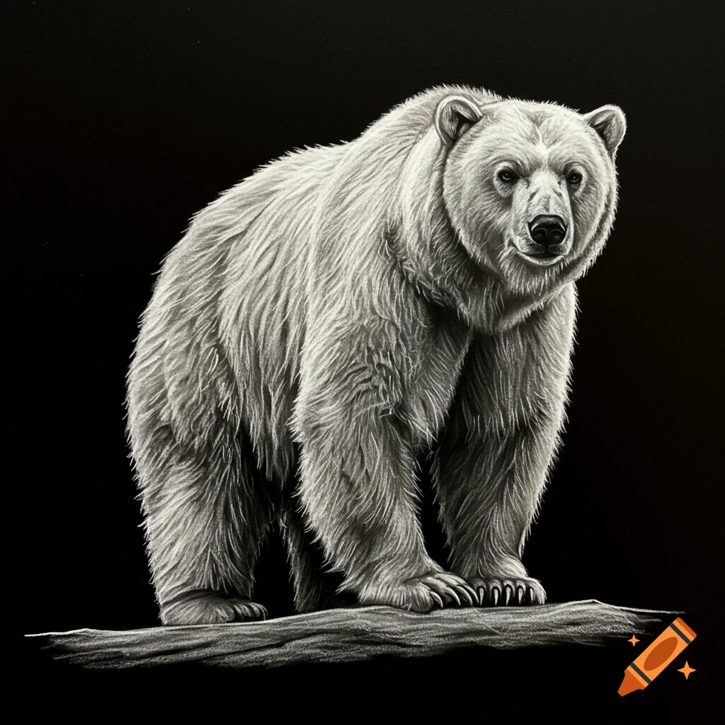 A detailed sketch of a white bear standing on a log against a black background, with strong contrast and fur texture.