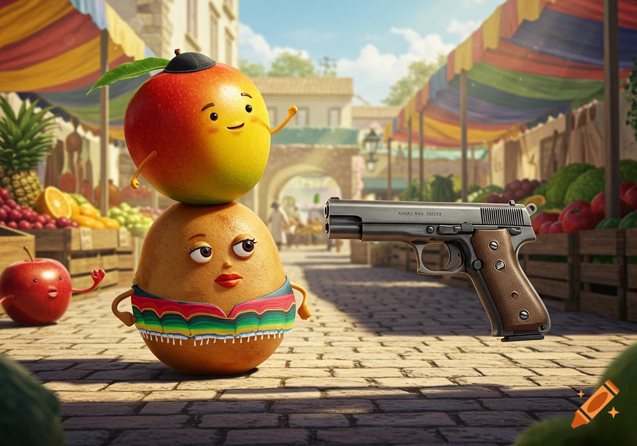 A cheerful mango wearing a kippah sits atop a potato in a colorful dress, facing a realistic handgun in a market street.