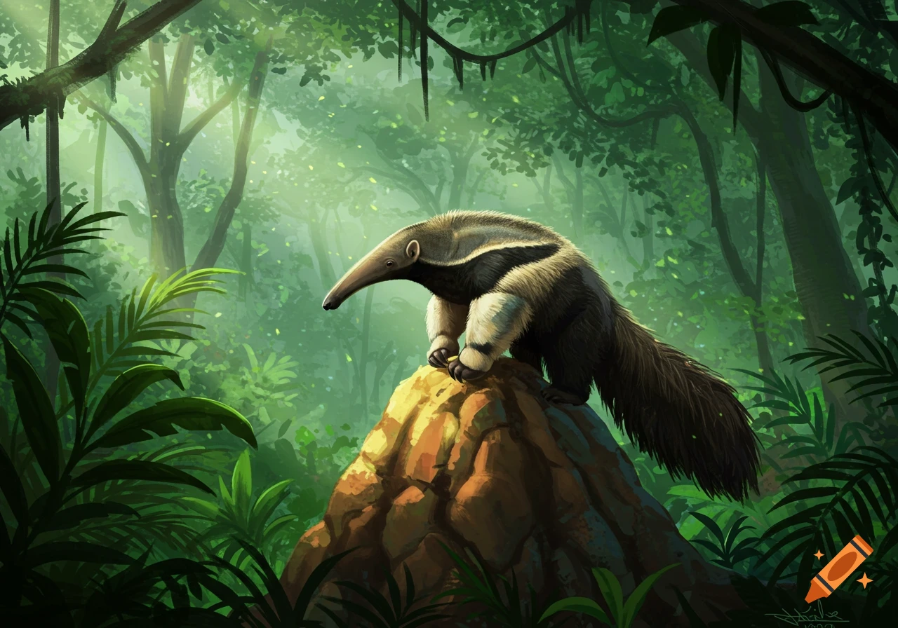 An anteater stands on a termite mound in a lush, green rainforest, bathed in sunlight filtering through the trees.